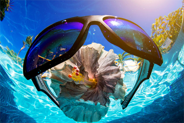 Bomber Polarized sunglasses floating in a pool with a tropical flower Bomber Gafas de sol polarizadas flotando en una piscina con una flor tropical